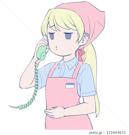 受話器を持って話す金髪の女性店員・口を尖らせる 受話器を持って話す金髪の女性店員・口を尖らせる 125443615