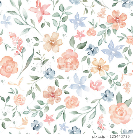 Coral pink and blue color flowers and green leaves watercolor seamless pattern on white background. Soft pastel colors water color for beauty products or other. Hand drawn illustration isolated. 125443759