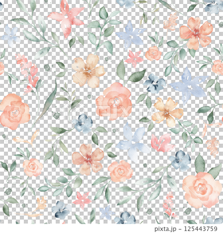 Coral pink and blue color flowers and green leaves watercolor seamless pattern on white background. Soft pastel colors water color for beauty products or other. Hand drawn illustration isolated. 125443759