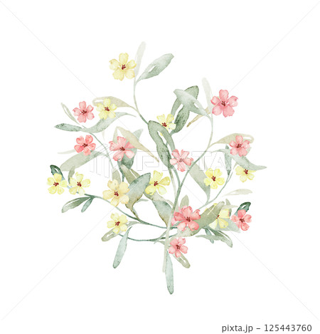 Watercolor composition of yellow and pink flowers spots and green leaves. Hand drawn illustration buds on isolated white background. Soft pastel iridescent watercolors. 125443760