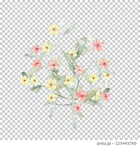 Watercolor composition of yellow and pink flowers spots and green leaves. Hand drawn illustration buds on isolated white background. Soft pastel iridescent watercolors. 125443760