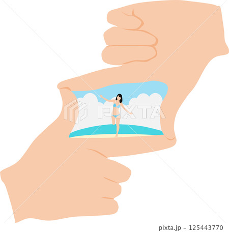 海で遊ぶ女性の写真を撮ろうとするイラスト 125443770