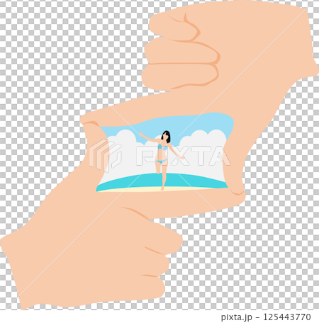 海で遊ぶ女性の写真を撮ろうとするイラスト 125443770
