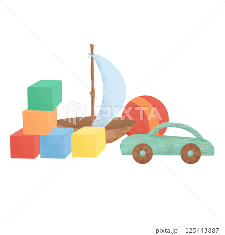 A composition of children's toys, colored cubes, a boat, a ball, a car, handmade digital illustration on a white background A composition of children's toys, colored cubes, a boat, a ball, a car, handmade digital illustration on a white background 125443887