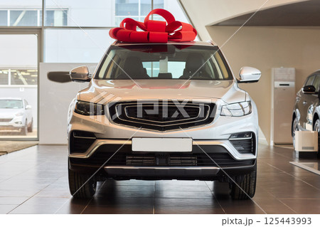 The new car is wrapped in a red bow. Beautiful gift concept. The new car is wrapped in a red bow. Beautiful gift concept. 125443993
