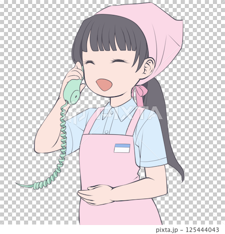 A black-haired female sales clerk talking on the phone, smiling 125444043