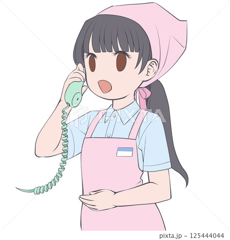 受話器を持って話す黒髪の女性店員・笑顔 125444044