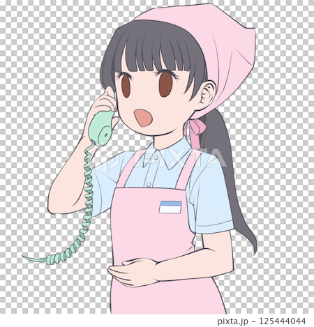 受話器を持って話す黒髪の女性店員・笑顔 125444044