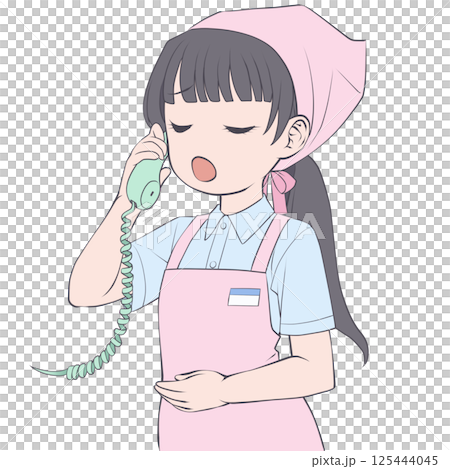 A female sales assistant with black hair talking on the phone, amazed A female sales assistant with black hair talking on the phone, amazed 125444045