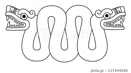Aztec double-headed serpent Xiuhcoatl, a mythological snake and spirit form of the Aztec fire deity Xiuhtecuhtli, sometimes represented as weapon wielded by Huitzilopochtli. Motif of a chest ornament. Aztec double-headed serpent Xiuhcoatl, a mythological snake and spirit form of the Aztec fire deity Xiuhtecuhtli, sometimes represented as weapon wielded by Huitzilopochtli. Motif of a chest ornament. 125444086