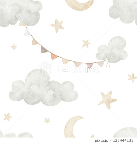 Watercolor seamless pattern with stars, crescent moon, and clouds in soft pastel tones. Illustration of childish background for nursery wallpaper or baby shower backdrop. Ornament with garlands. 125444133
