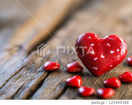 A shiny red heart-shaped object lies on a textured wooden surface, reflecting light and symbolizing love, emotion, and craftsmanship. 125444168
