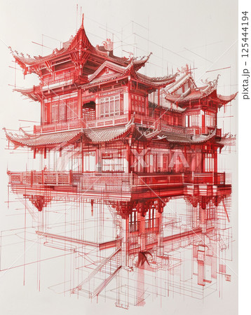A detailed architectural drawing of a traditional Chinese building with intricate roof designs, multiple floors, and red ink accents on a white background 125444194