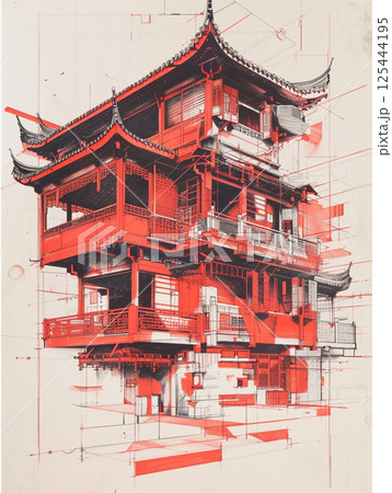 A detailed architectural drawing of a traditional Chinese building with intricate roof designs, multiple floors, and red ink accents on a white background 125444195