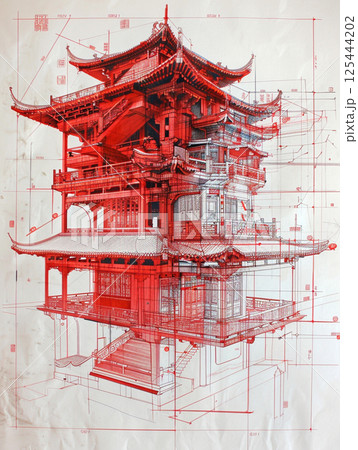 A detailed architectural drawing of a traditional Chinese building with intricate roof designs, multiple floors, and red ink accents on a white background 125444202