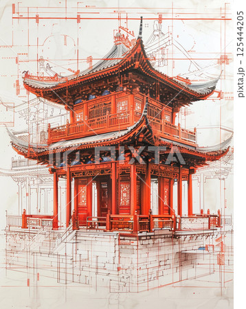 A detailed architectural drawing of a traditional Chinese building with intricate roof designs, multiple floors, and red ink accents on a white background 125444205