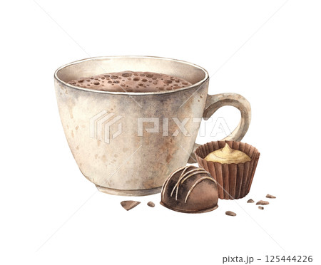 Ceramic light mug with cocoa drink, chocolate candies are lying nearby. Watercolor illustration on isolated background is suitable for cocoa packaging design, menu design and dessert-themed projects. Ceramic light mug with cocoa drink, chocolate candies are lying nearby. Watercolor illustration on isolated background is suitable for cocoa packaging design, menu design and dessert-themed projects. 125444226