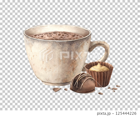 Ceramic light mug with cocoa drink, chocolate candies are lying nearby. Watercolor illustration on isolated background is suitable for cocoa packaging design, menu design and dessert-themed projects. Ceramic light mug with cocoa drink, chocolate candies are lying nearby. Watercolor illustration on isolated background is suitable for cocoa packaging design, menu design and dessert-themed projects. 125444226