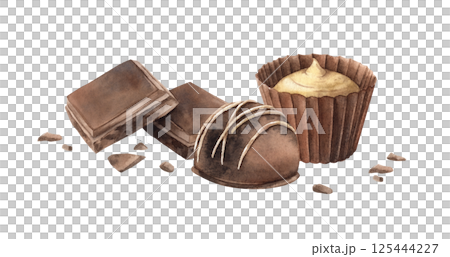 Broken pieces and crumbs of chocolate, candies with filling, truffle. Watercolor illustration on isolated background, suitable for packaging and branding of sweet dishes, confectionery, menu design. 125444227