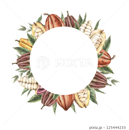 Cocoa fruits of different ripeness with green leaves arranged in a circle. Watercolor botanical round frame with space for text, for packaging design, botanical prints, product branding, textile. Cocoa fruits of different ripeness with green leaves arranged in a circle. Watercolor botanical round frame with space for text, for packaging design, botanical prints, product branding, textile. 125444233