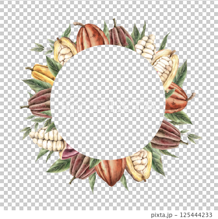 Cocoa fruits of different ripeness with green leaves arranged in a circle. Watercolor botanical round frame with space for text, for packaging design, botanical prints, product branding, textile. Cocoa fruits of different ripeness with green leaves arranged in a circle. Watercolor botanical round frame with space for text, for packaging design, botanical prints, product branding, textile. 125444233