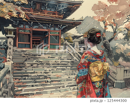 A geisha girl in a traditional Japanese kimono climbs stone steps towards a vibrant red temple gate, surrounded by lush greenery and blooming flowers, evoking cultural beauty and serenity. 125444300