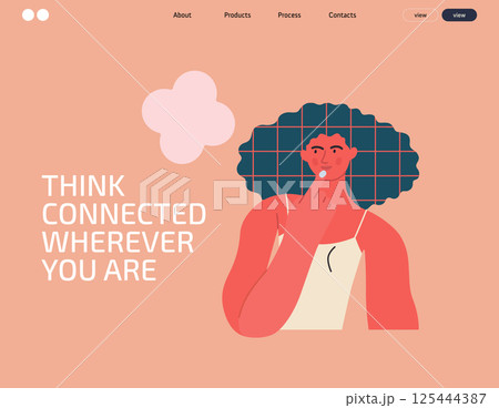 Thinking people, modern flat vector concept illustration- woman standing thoughtfully, looking sideways, bubble near head Metaphor for reflection, analysis, introspection, contemplation, deep thought 125444387