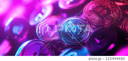 Close-up of shiny cryptocurrencies in vibrant neon lighting. Close-up of shiny cryptocurrencies in vibrant neon lighting. 125444480