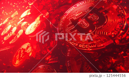 Multiple shiny Bitcoin coins with intricate designs are illuminated by red lighting, symbolizing modern cryptocurrency, finance, and digital innovation 125444556