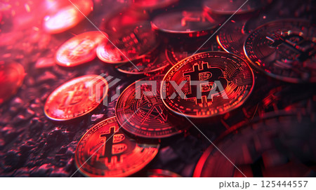 Multiple shiny Bitcoin coins with intricate designs are illuminated by red lighting, symbolizing modern cryptocurrency, finance, and digital innovation Multiple shiny Bitcoin coins with intricate designs are illuminated by red lighting, symbolizing modern cryptocurrency, finance, and digital innovation 125444557