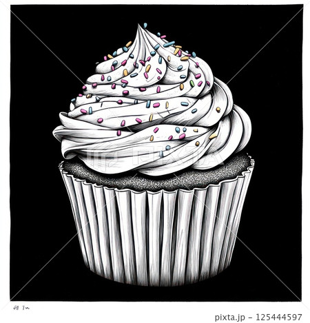 Delicious cupcake with white frosting and colorful sprinkles on black background. 125444597