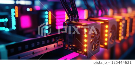 Illuminated mining rigs in a server room. 125444621