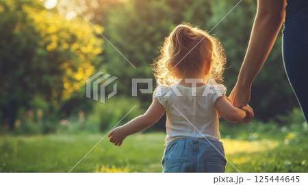 Toddler girl holding mother's hand, walking in park at sunset. 125444645