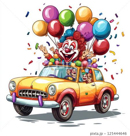 Happy clowns in a vintage car with balloons. 125444646