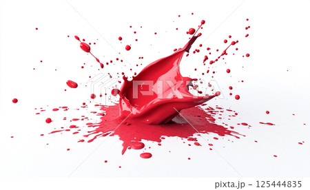 A dynamic splash of red paint with scattered droplets, showcasing vibrant fluid motion and artistic expression against a crisp white background. A dynamic splash of red paint with scattered droplets, showcasing vibrant fluid motion and artistic expression against a crisp white background. 125444835