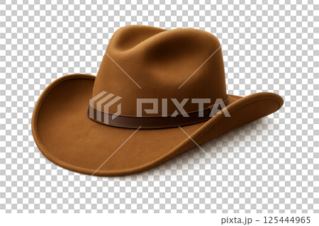 Classic Brown Cowboy Hat Resting on a Flat Surface in a Well-Lit Environment 125444965