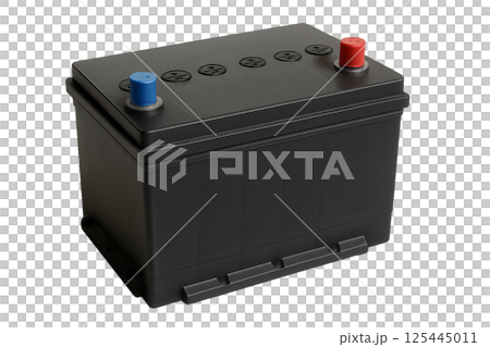 Automotive Battery on a Plain Surface Showcasing Design and Color Coding for Terminals 125445011