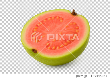 Juicy Guava Half Showcasing Vibrant Pink Flesh and Seeds on a Plain Background Juicy Guava Half Showcasing Vibrant Pink Flesh and Seeds on a Plain Background 125445034