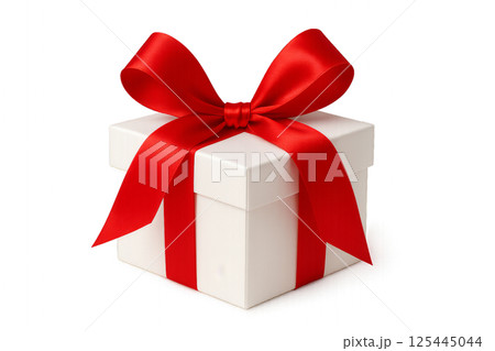 Gift Box Wrapped With Red Ribbon on a White Background for Celebrations and Occasions 125445044
