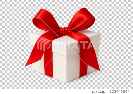 Gift Box Wrapped With Red Ribbon on a White Background for Celebrations and Occasions 125445044
