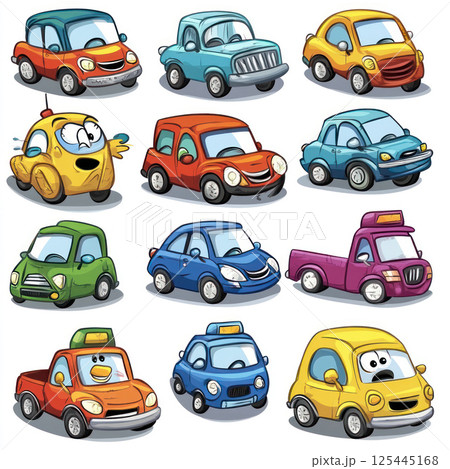 Twelve cartoon cars in various colors and styles. 125445168