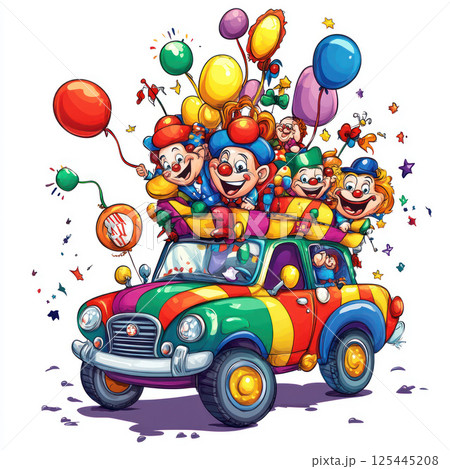 Joyful clowns in a colorful car with balloons. 125445208