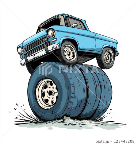 Light blue vintage pickup truck on large tires. 125445209