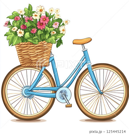 Light blue bicycle with wicker basket full of flowers. 125445214