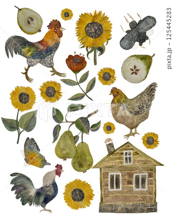 Country rural life. Large set of watercolor isolated elements on a white background 125445283