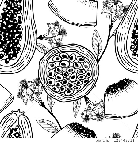 Botanical Illustration showcasing various Fruit and Flowers in artistic representation 125445311