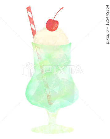 透明感のある水彩手描きのクリームソーダのイラスト メロン 透明感のある水彩手描きのクリームソーダのイラスト メロン 125445354
