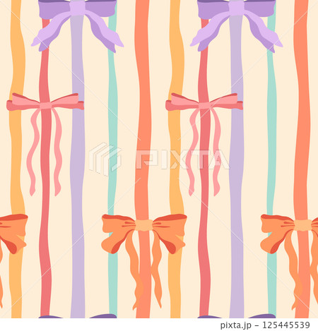 Colorful ribbon bows and stripes vector seamless pattern. Cute repeat tile. Pastel pink, lilac bowknots on wavy striped background. Playful modern girly design for wrapping paper, birthday packaging Colorful ribbon bows and stripes vector seamless pattern. Cute repeat tile. Pastel pink, lilac bowknots on wavy striped background. Playful modern girly design for wrapping paper, birthday packaging 125445539