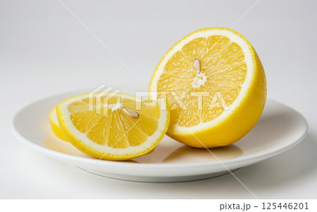 白いお皿に乗せられたカットしたフレッシュなレモン 125446201