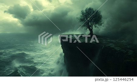 Lone Tree Against Storm on Cliff Edge 125446254